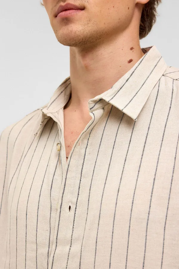 Oversize Çizgili Kısa Kollu Keten Gömlek Siyah