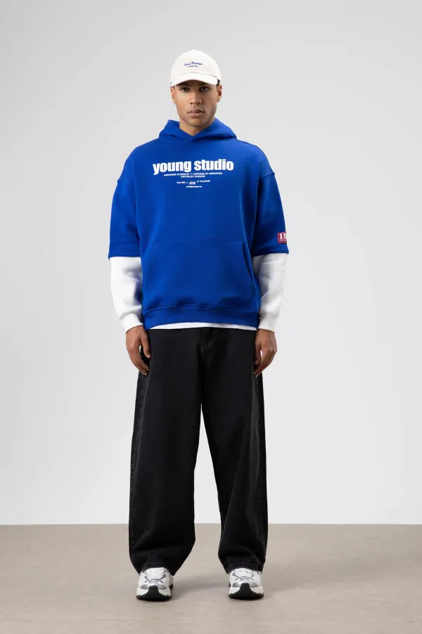 Sweat à capuche imprimé oversize bleu marine