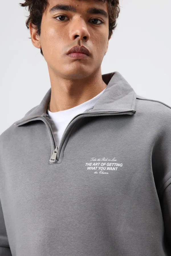 Sweat-shirt oversize à col polo, gris foncé