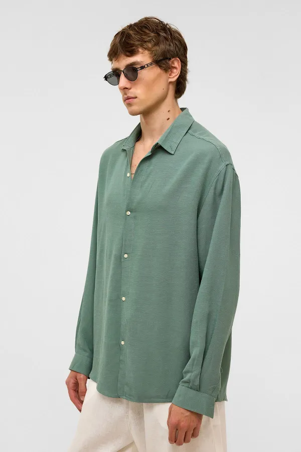 Oversize Uzun Kollu Keten Gömlek Haki