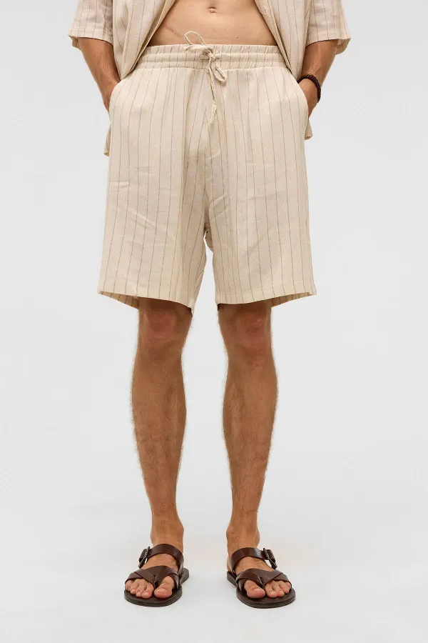 Oversize Çizgili Keten Şort Vizon