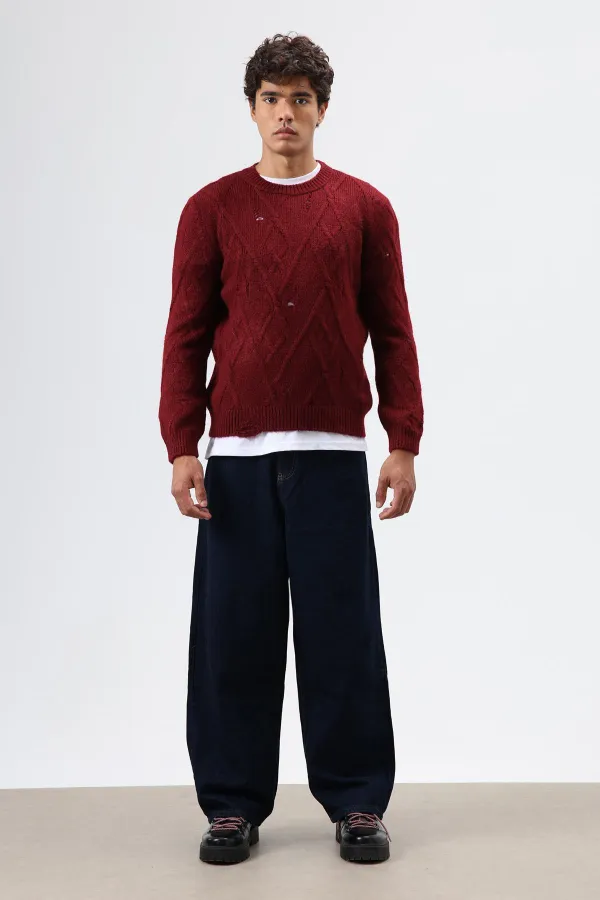 Pull oversize en maille à motifs, bordeaux