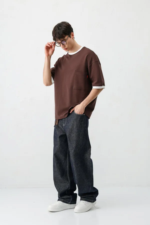 Kısa Kollu Oversize Cepli Tişört Kahve