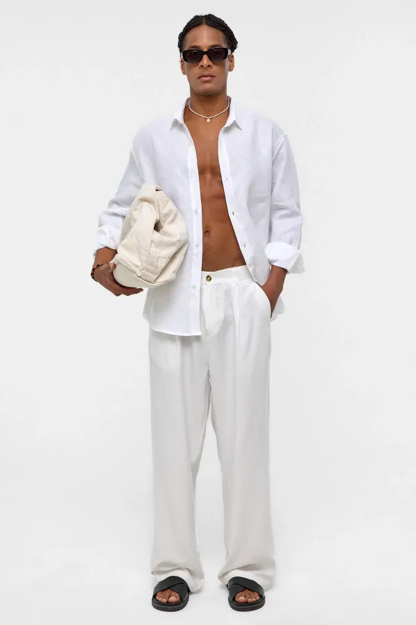 100% Linen Oversize Long-Sleeve Shirt, Ecru