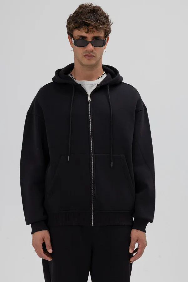 Basic Fermuarlı Oversize Kapüşonlu Sweatshirt Siyah