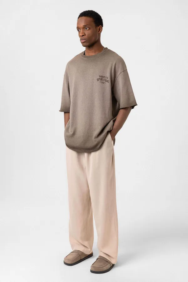 Yıkamalı Oversize Triko Tişört Kahve