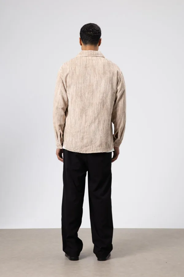 Oversize Dokulu Gömlek Bej