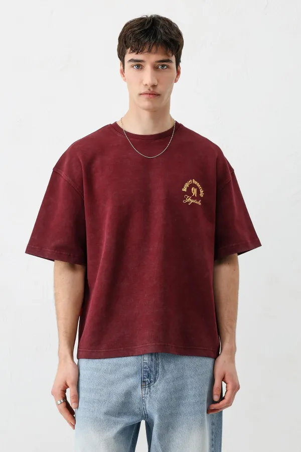 Kısa Kollu Boxy Fit Baskılı Tişört Bordo