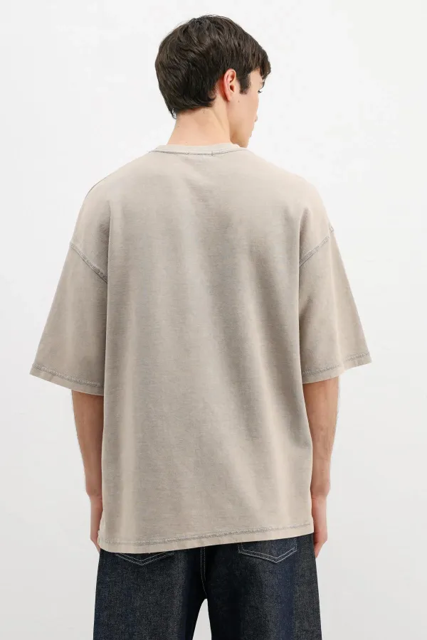 Yıkamalı Yazı Baskılı Oversize Tişört Bej