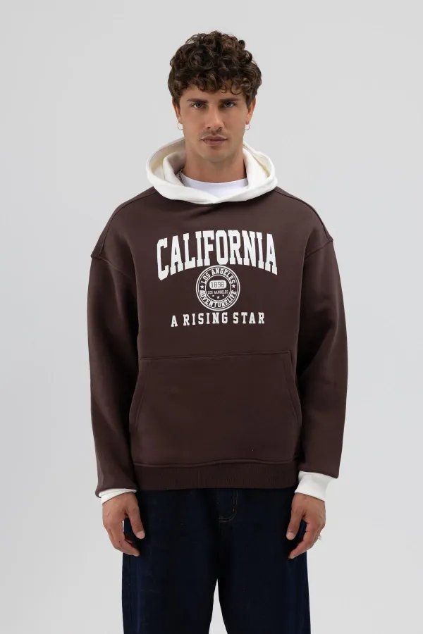Çift Renk Baskılı Oversize Sweatshirt Kahve