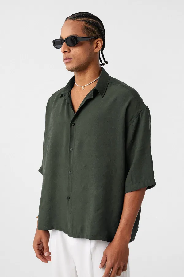 Oversize Short Sleeve Modal Fabric Shirt Khaki