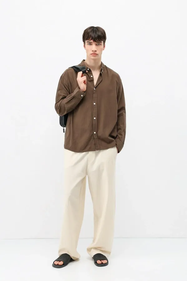 Basic Oversize Pamuk  Keten Gömlek Kahve