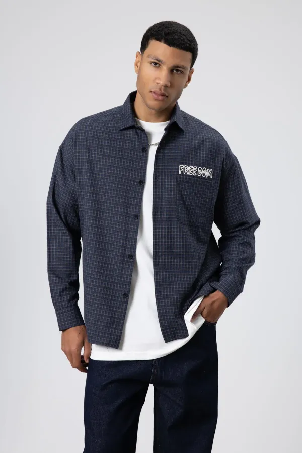 Oversize Baskılı Günlük Kareli Gömlek Lacivert