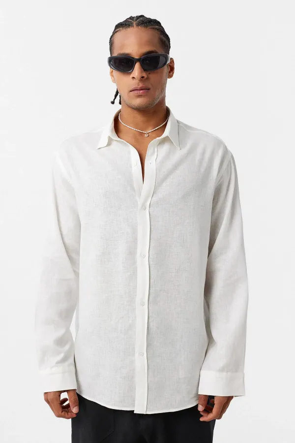 Chemise basique oversize à manches longues en lin, écru