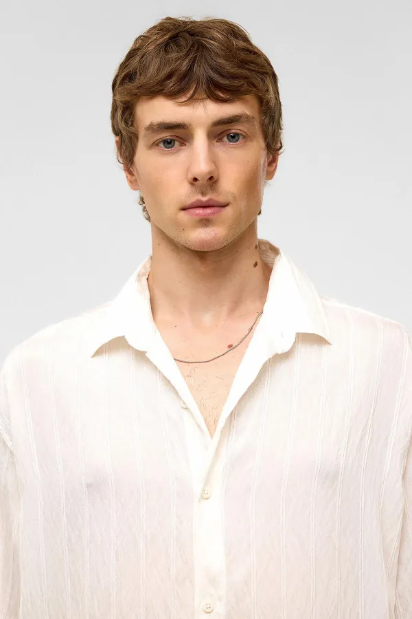 Oversize Striped Short-Sleeved Modal Fabric Shirt, White