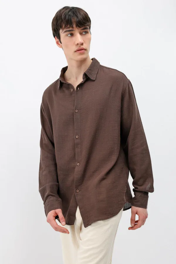 Uzun Kollu Basic Oversize Gömlek Kahve