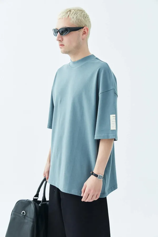Balıkçı Yaka Etiket Detaylı Oversize Tişört - Açık Füme Füme