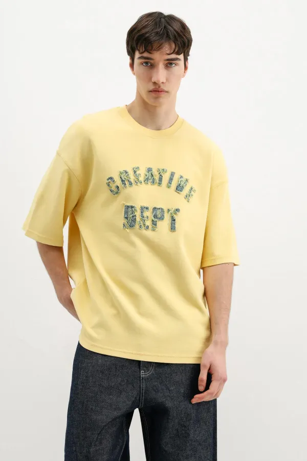 Yıkamalı Yazı Baskılı Oversize Tişört Sarı