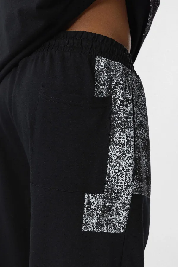 Etnik Desenli Oversize Eşofman Takım Siyah