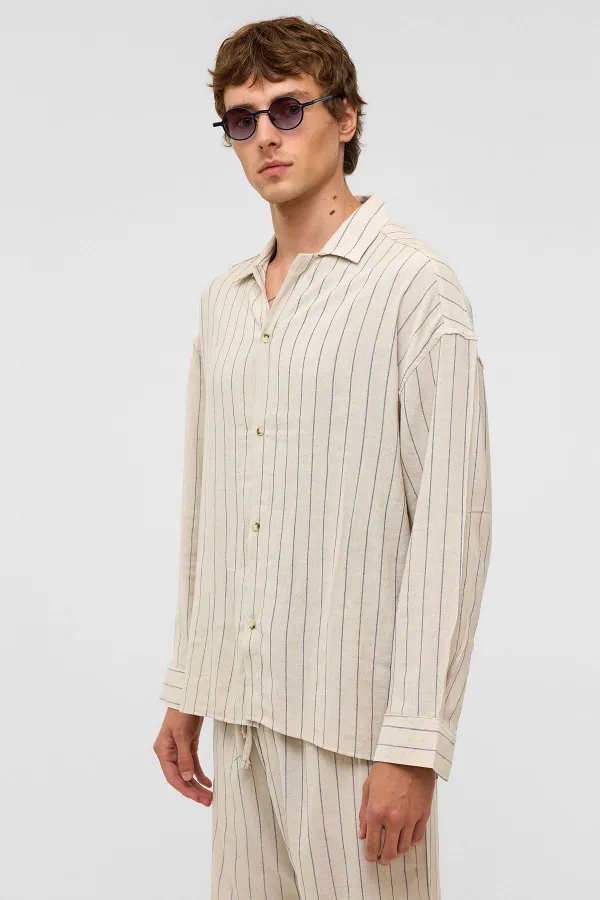 Oversize Long-Sleeved Striped Linen Shirt Indigo