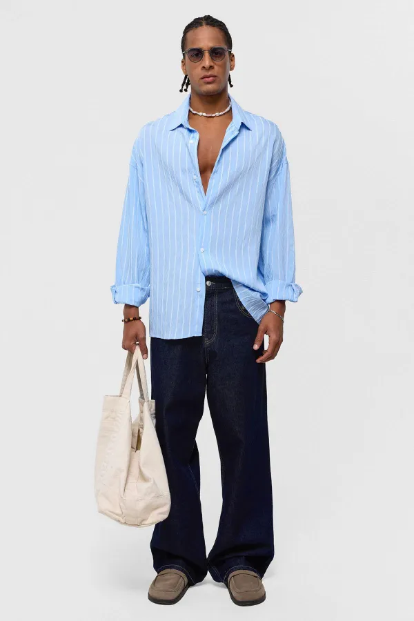 Oversize Çizgili Uzun Kol Gömlek Mavi