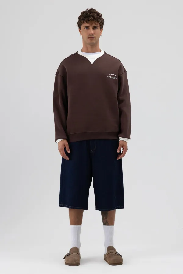 Sweat-shirt oversize à col rond imprimé, marron
