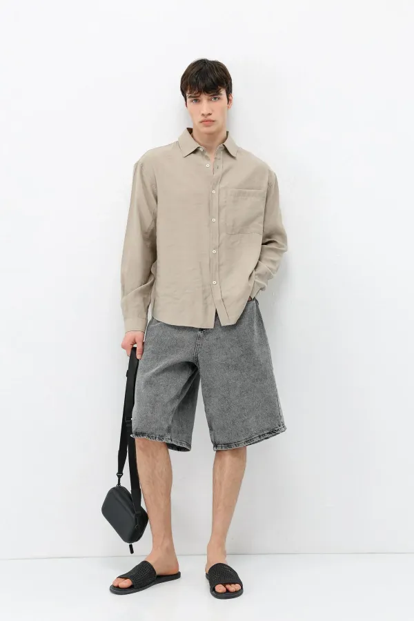 Modal Kumaş Cepli Oversize Gömlek Bej