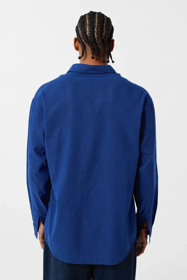 Basic Oversize Pamuk Keten Gömlek Saks Basic Oversize Pamuk Keten Gömlek Saks
