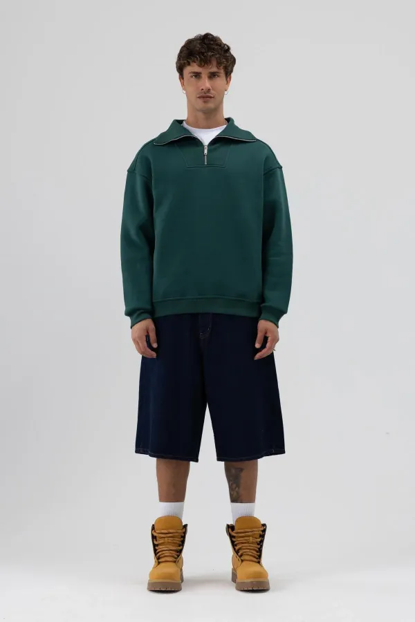 Sweat-shirt basique à fermeture éclair et col montant, bleu marine