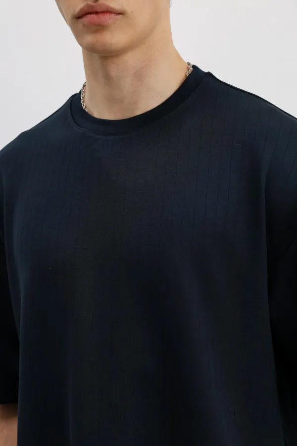 Fitilli Dokulu Oversize Tişört Lacivert