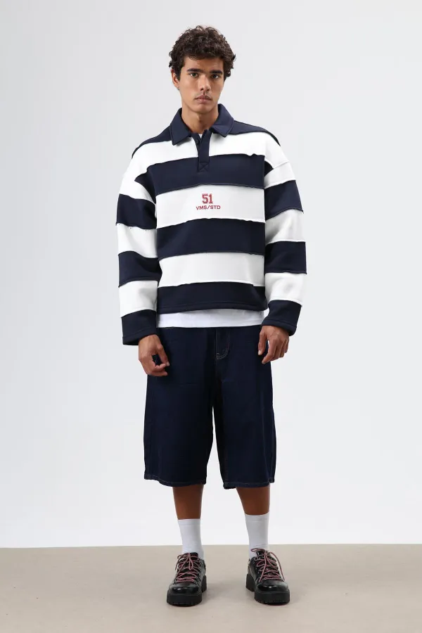 Oversize Şeritli Baskılı Sweatshirt Koyu Lacivert