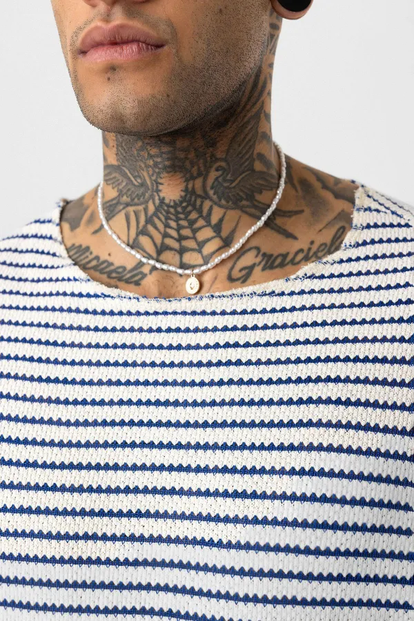T-shirt rayé oversize en maille (bleu marine)
