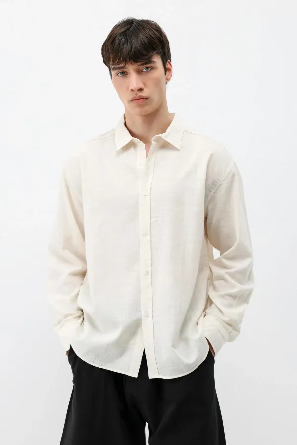 Dokulu Keten Görünümlü Oversize Gömlek Naturel