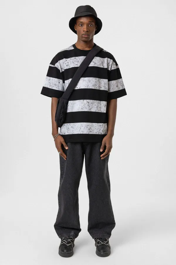 Yıkamalı Şeritli Oversize Tişört Siyah - Beyaz