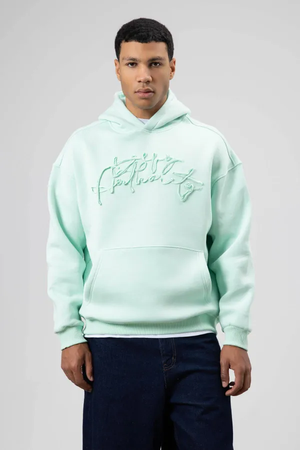 Oversize Baskılı Kapüşonlu Sweatshirt Mint