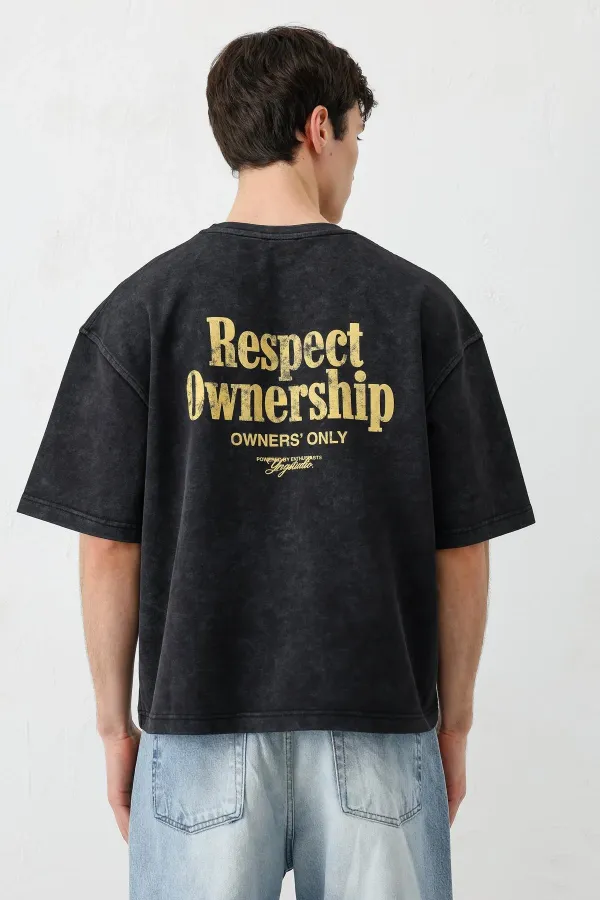 Kısa Kollu Boxy Fit Baskılı Tişört Siyah