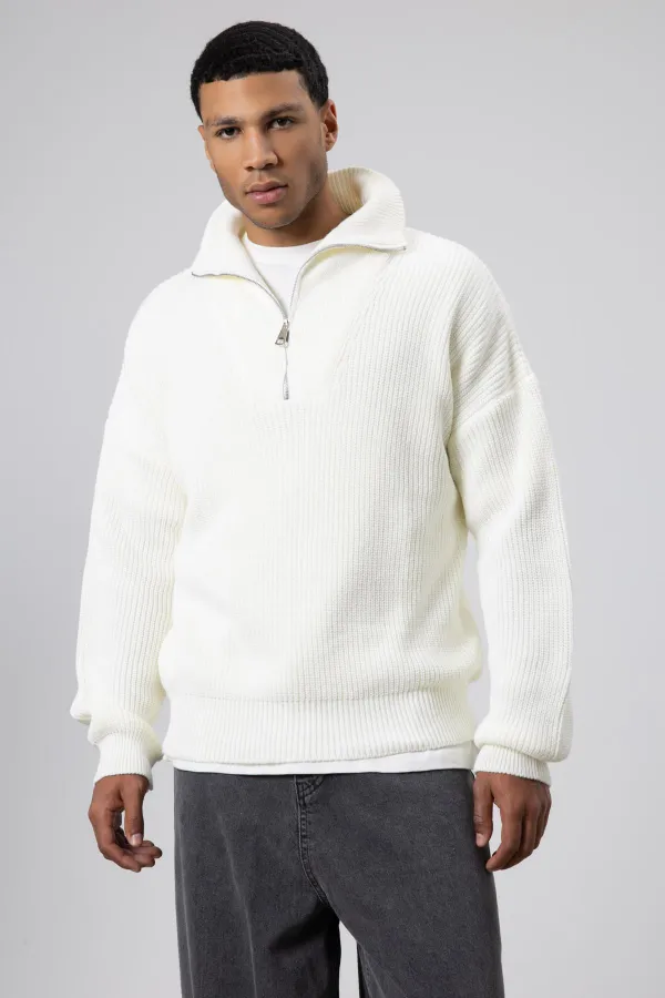 Yarım Fermuarlı Triko Kazak Ekru