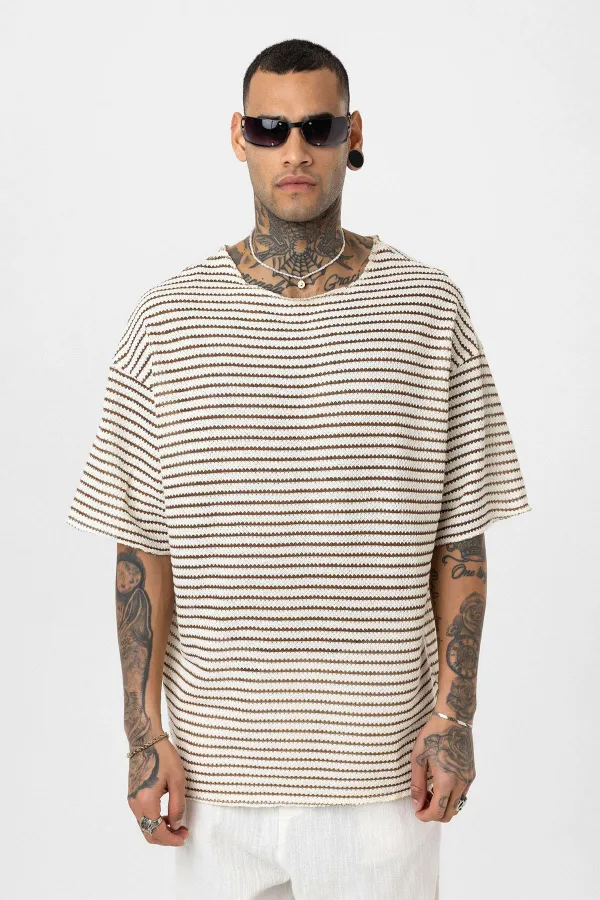 T-shirt rayé oversize en maille, marron