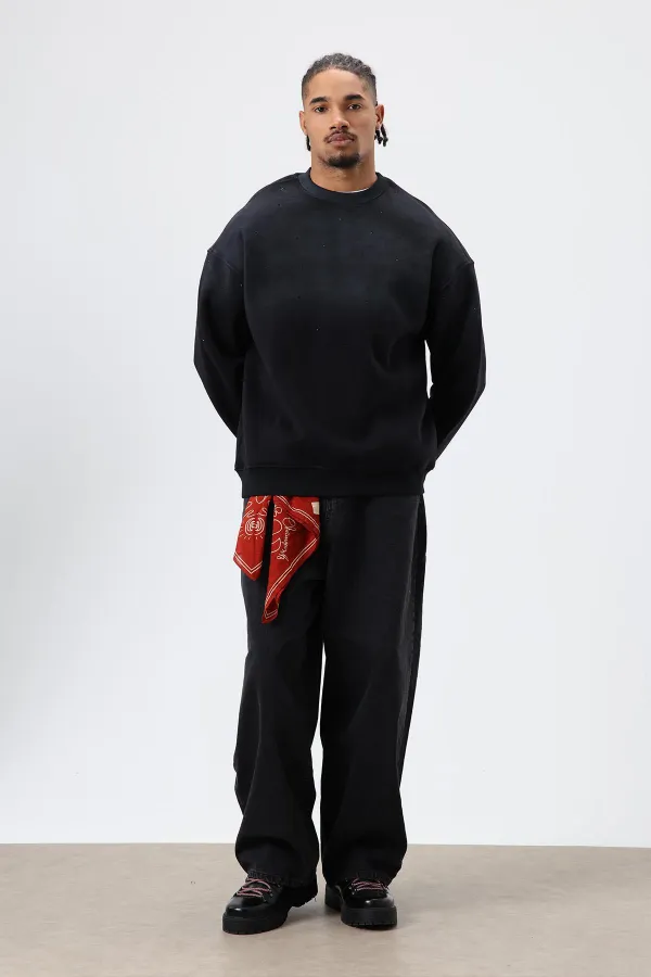 Yıkamalı Taş Detaylı Oversize Sweatshirt Siyah