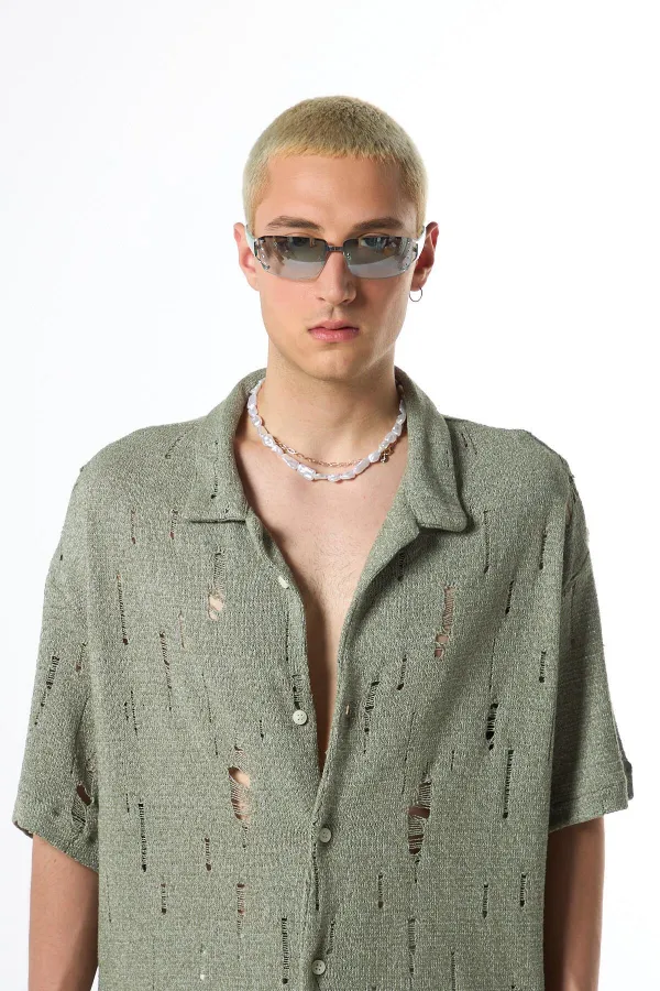 Oversize Deliklı Triko Gömlek Haki