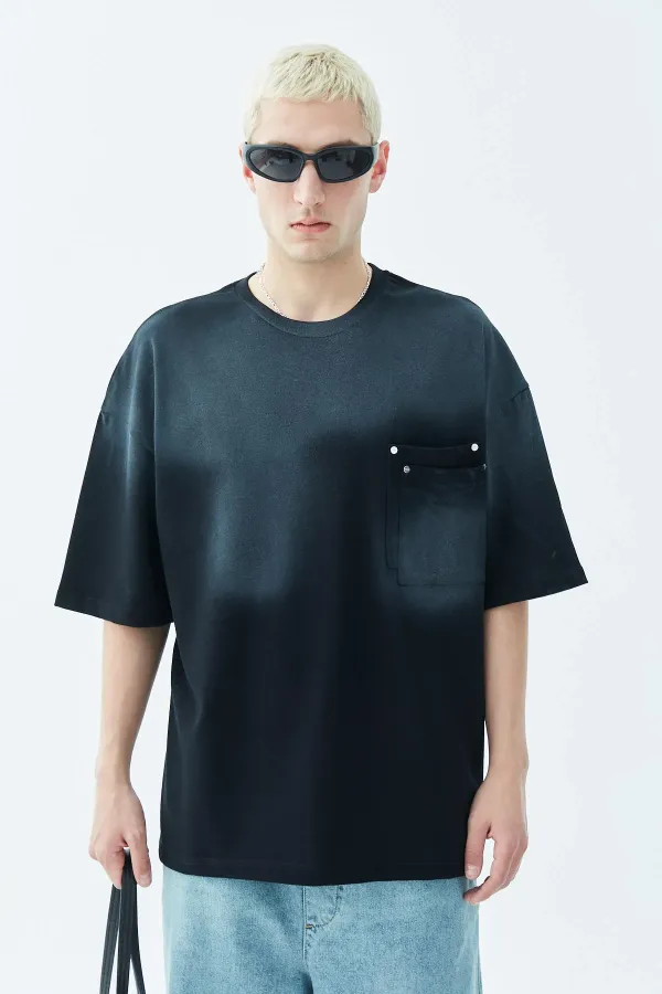 Washed Oversize T-Shirt with Pocket Detail, Black
