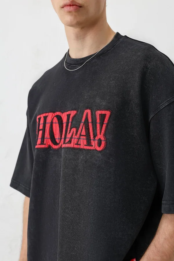 Yıkamalı Baskılı Oversize Tişört Siyah