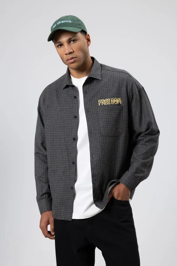 Oversize Baskılı Günlük Kareli Gömlek Haki