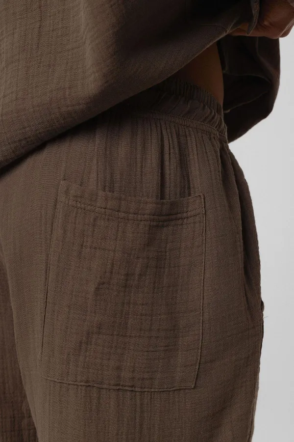 Baggy Fit Müslin Keten Pantolon Kahve