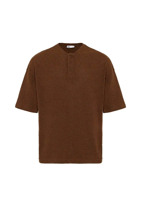 Basic Oversize Düğme Yaka Tişört Kahve