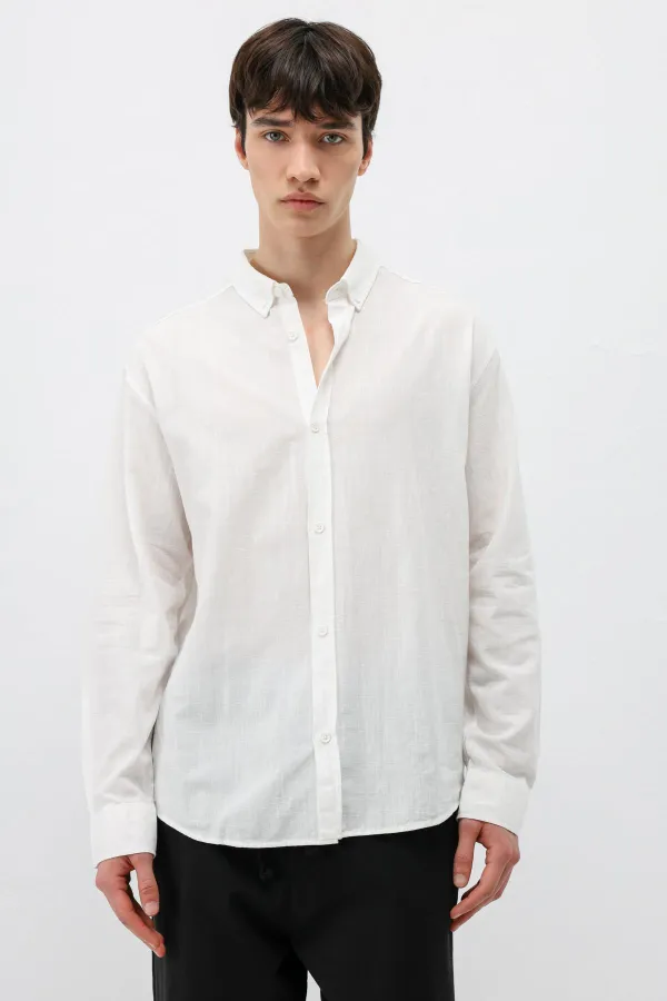 Basic Oversize Pamuk  Keten Gömlek Ekru