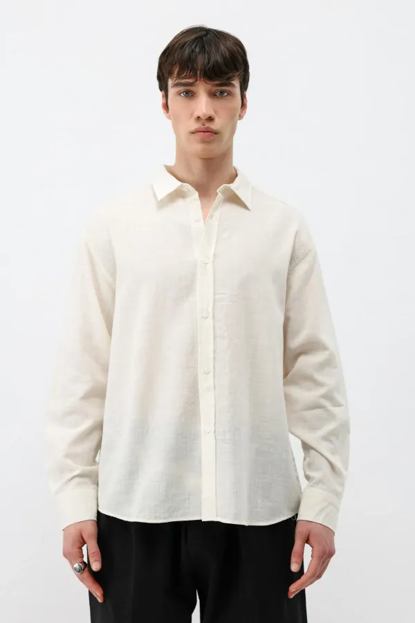 Dokulu Keten Görünümlü Oversize Gömlek Naturel