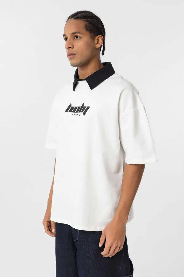 Polo Yaka Oversize Baskılı Tişört Ekru