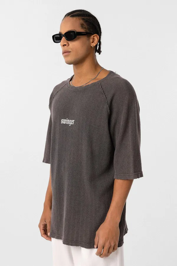 T-shirt oversize en maille imprimée délavée, couleur café