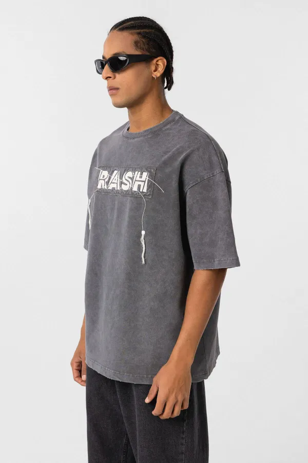 Yıkamalı Oversize Baskılı Tişört Füme
